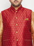 Vastramay Men's Plus Size Rose Gold Zari Weaved Nehru Jacket With Curved Kurta Dhoti set